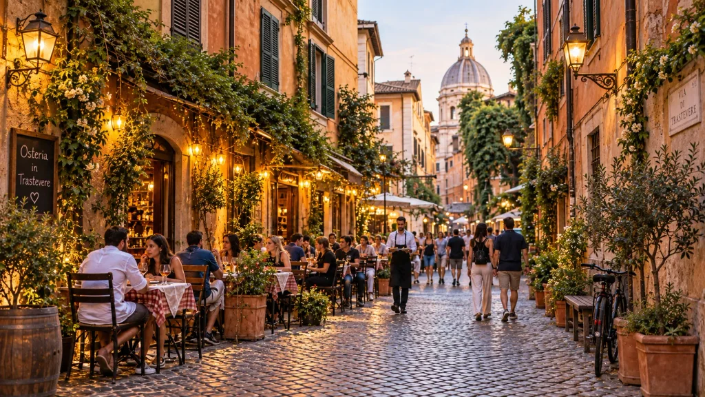 Belebte Gasse in Trastevere am Abend mit Restaurants und historischen Häusern