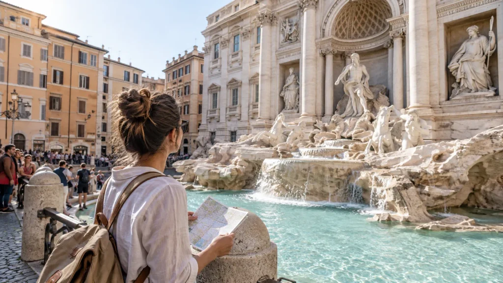 Reisende mit Rucksack und Stadtplan am Trevi-Brunnen in Rom