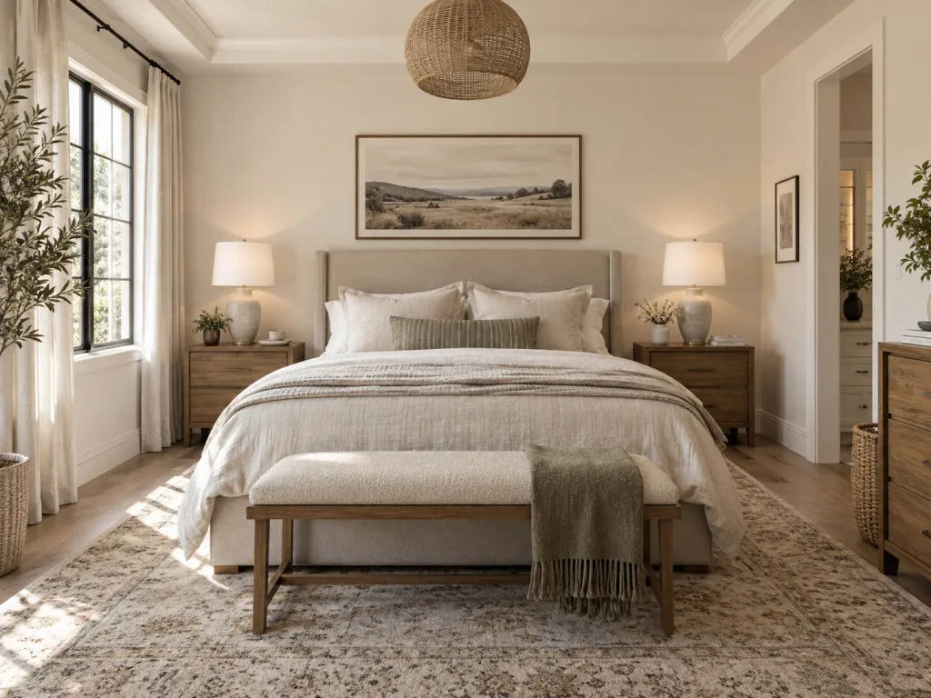 Harmonisch eingerichtetes Schlafzimmer mit zentral positioniertem Bett und freien Laufwegen