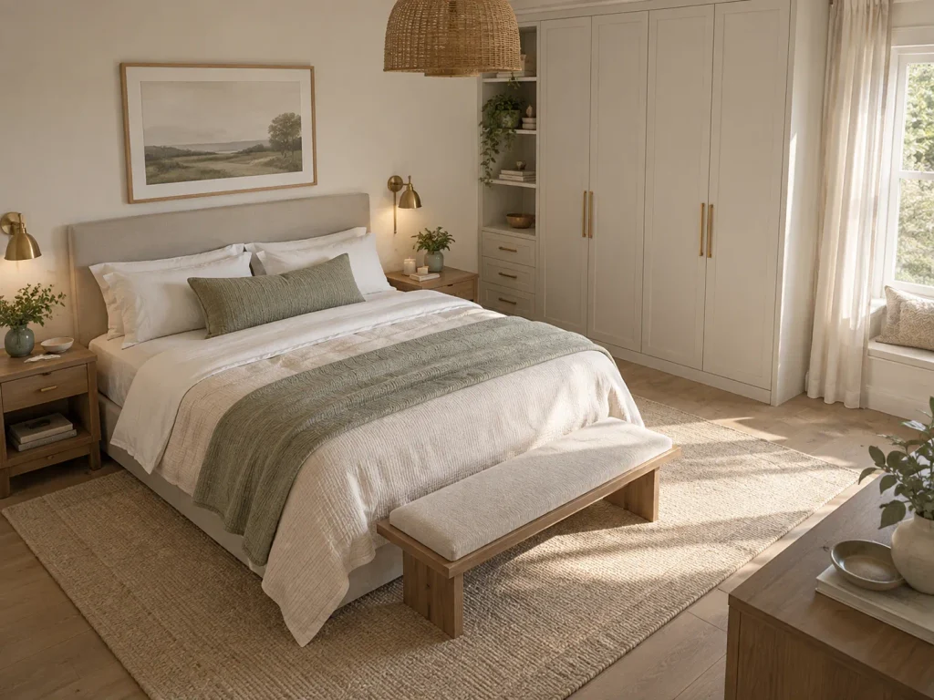 Helles Schlafzimmer mit großem Kleiderschrank und ruhig integriertem Stauraum