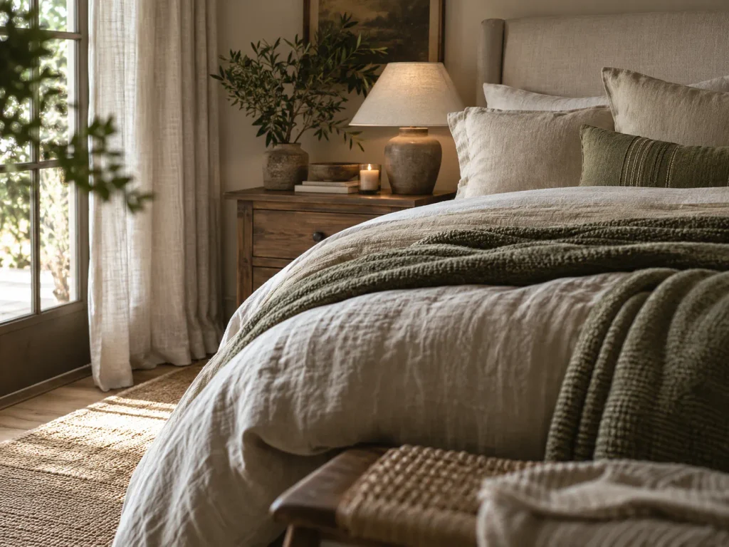 Gemütliches Schlafzimmer mit Bettwäsche, Vorhängen, Teppich und harmonisch kombinierten Textilien