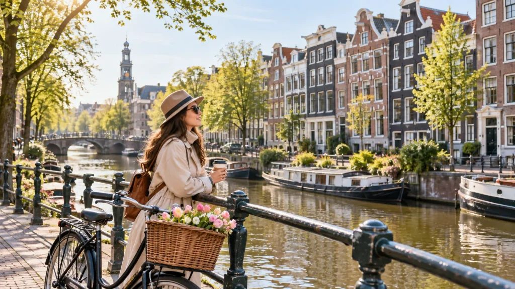 Amsterdamer Gracht mit historischen Häusern und Fahrrad am Wasser