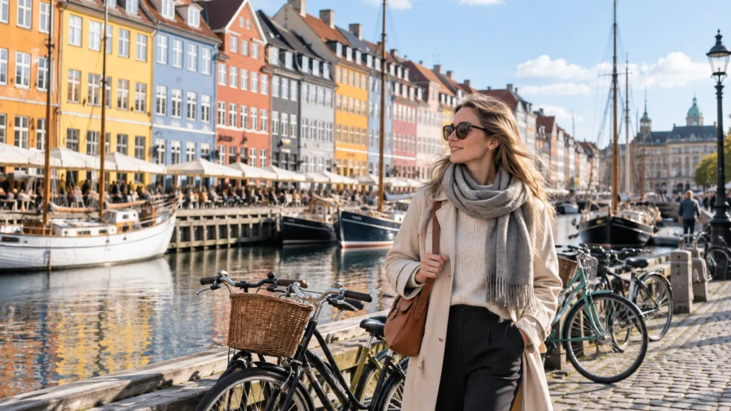 Bunte Häuser am Hafen von Kopenhagen mit Fahrrädern am Wasser