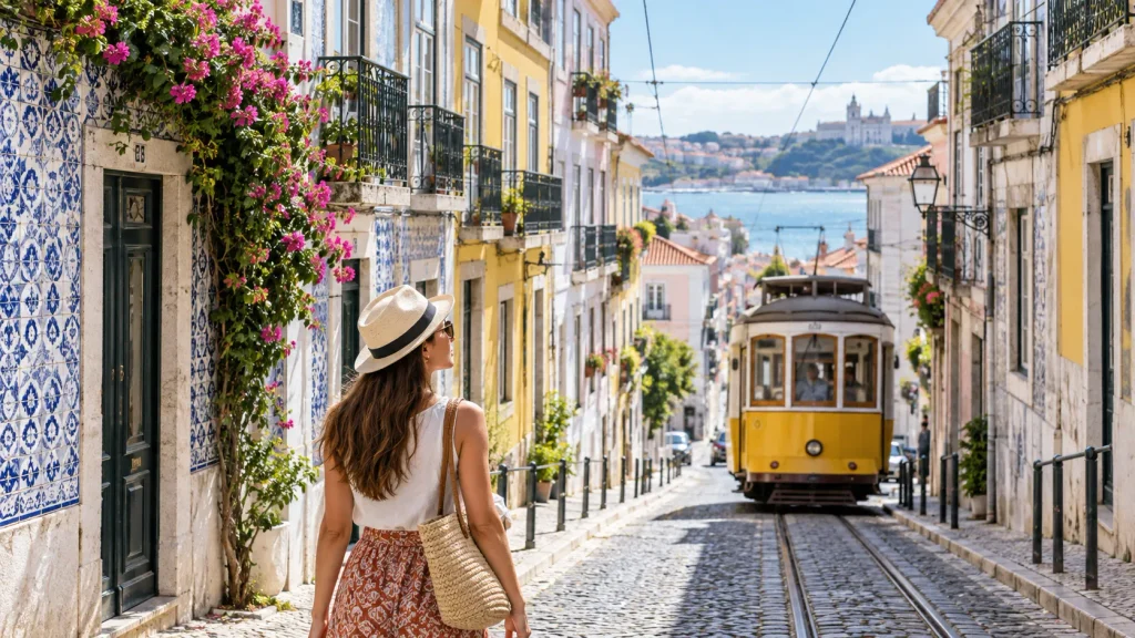 Historische Straße in Lissabon mit Straßenbahn und portugiesischen Häuserfassaden