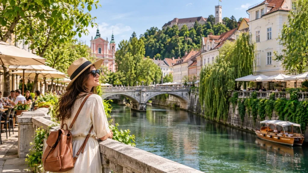 Grüne Innenstadt von Ljubljana mit Cafés und Brücken an der Ljubljanica