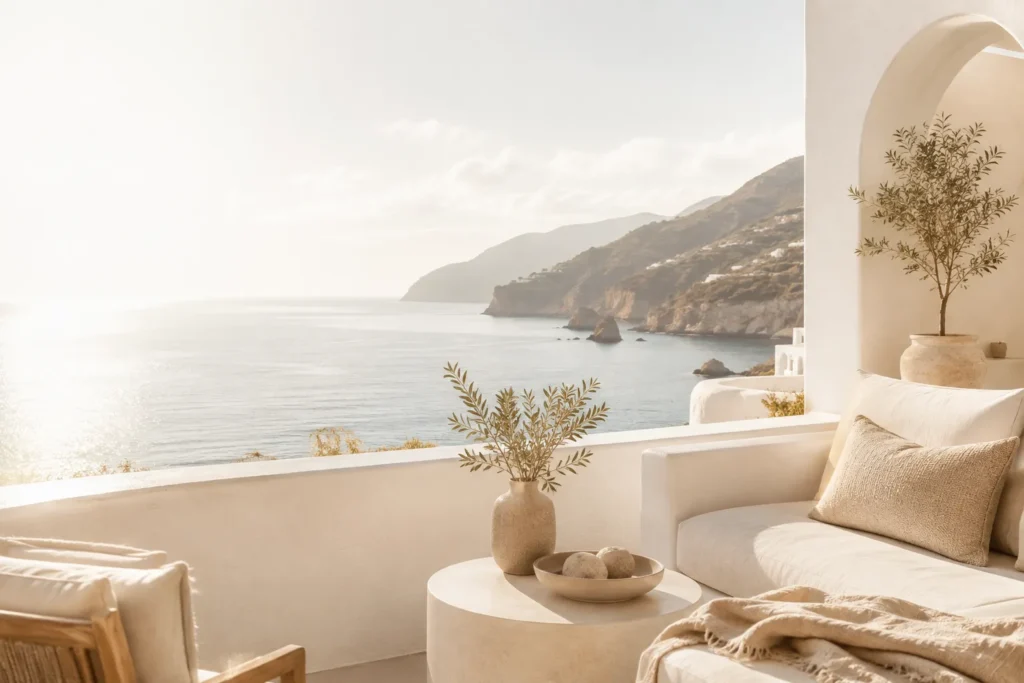 Helle mediterrane Terrasse mit Meerblick