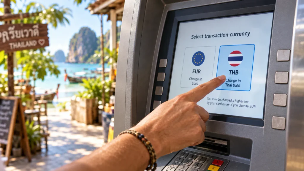 Auswahl zwischen thailändischen Baht und Euro bei einer Geldabhebung am ATM in Thailand