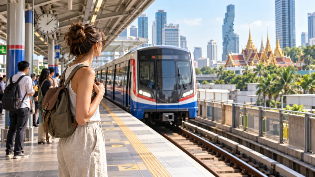 Reisende wartet auf einer BTS-Skytrain-Station in Bangkok auf den Zug