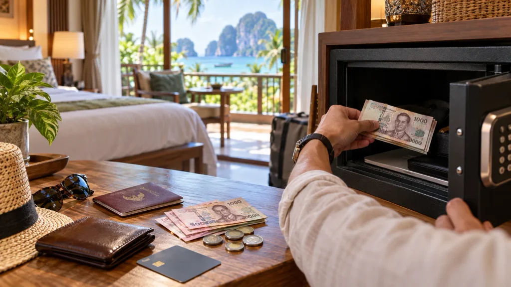 Reisender bewahrt thailändische Baht und eine Karte in einem Hotelsafe auf