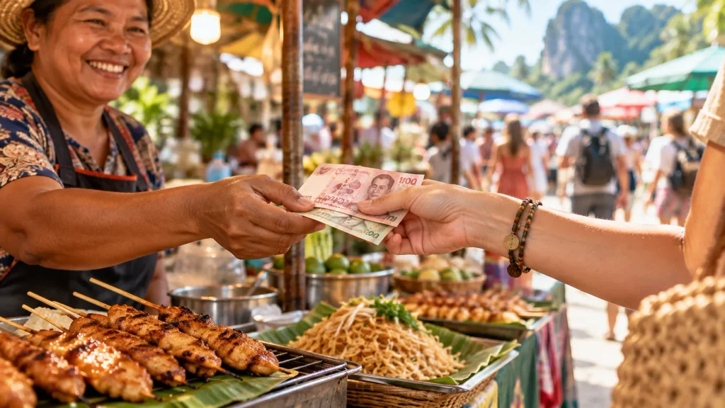 Reisende bezahlt mit thailändischen Baht an einem Marktstand in Thailand