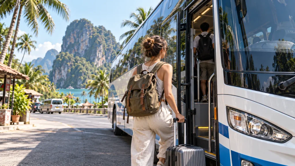 Reisende steigt mit Gepäck in einen Reisebus in einer tropischen Region Thailands ein