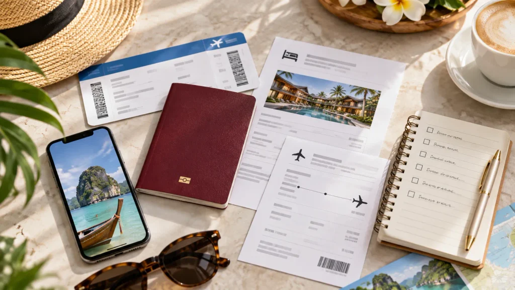 Reisepass, Flugunterlagen, Hotelbestätigung und Reisecheckliste zur Vorbereitung einer Thailand-Reise.