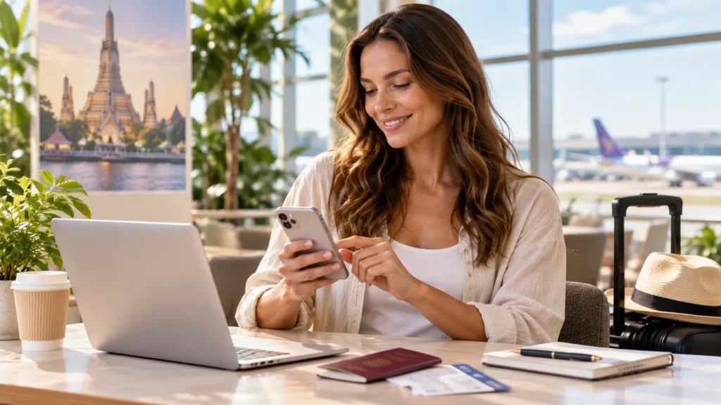 Reisende bereitet am Flughafen mit Smartphone, Reisepass und Reiseunterlagen ihre Einreise nach Thailand vor.