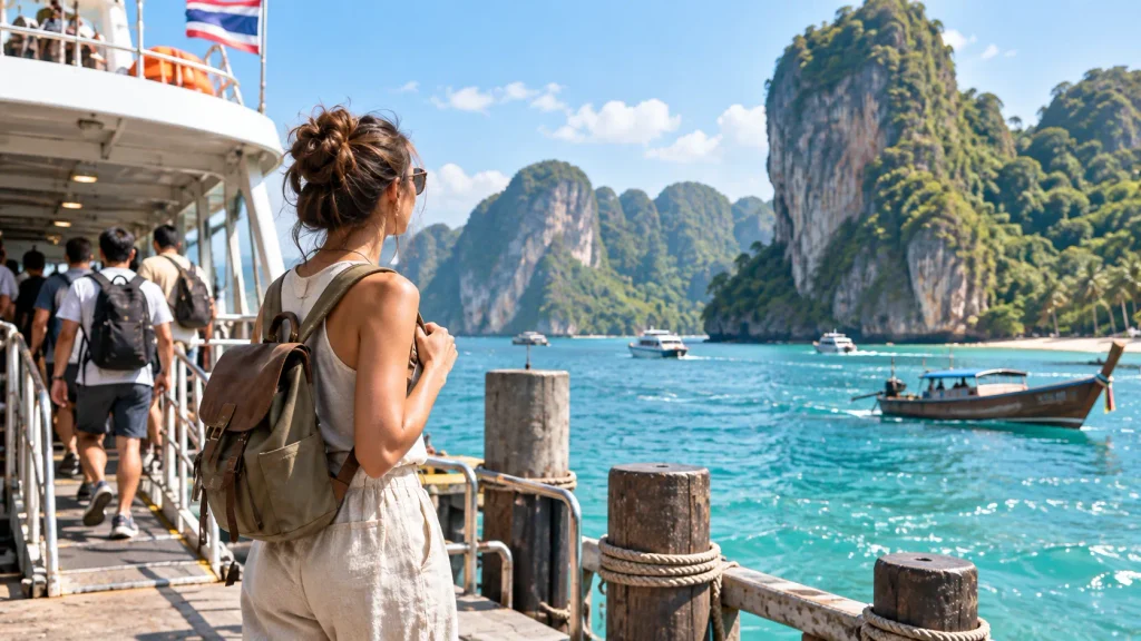 Reisende wartet an einem Pier auf eine Fähre zu einer thailändischen Insel