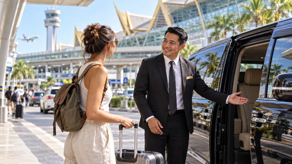 Reisende mit Koffer bei einem Flughafentransfer an einem thailändischen Flughafen