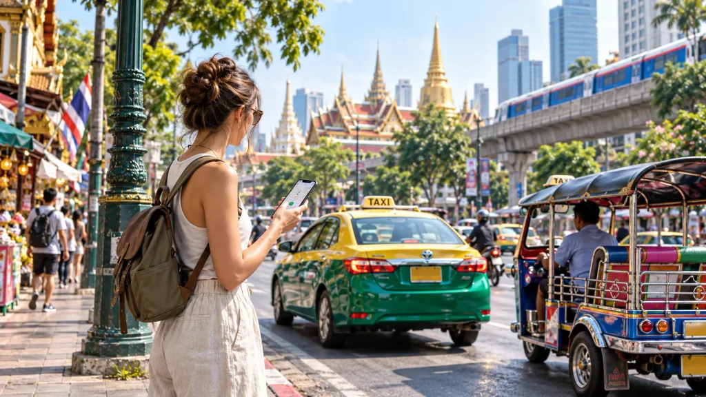 Reisende zwischen Taxi und Tuk-Tuk im Straßenverkehr von Bangkok
