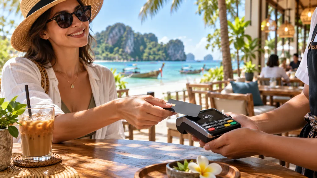 Kontaktlose Kartenzahlung in einem Café in Thailand