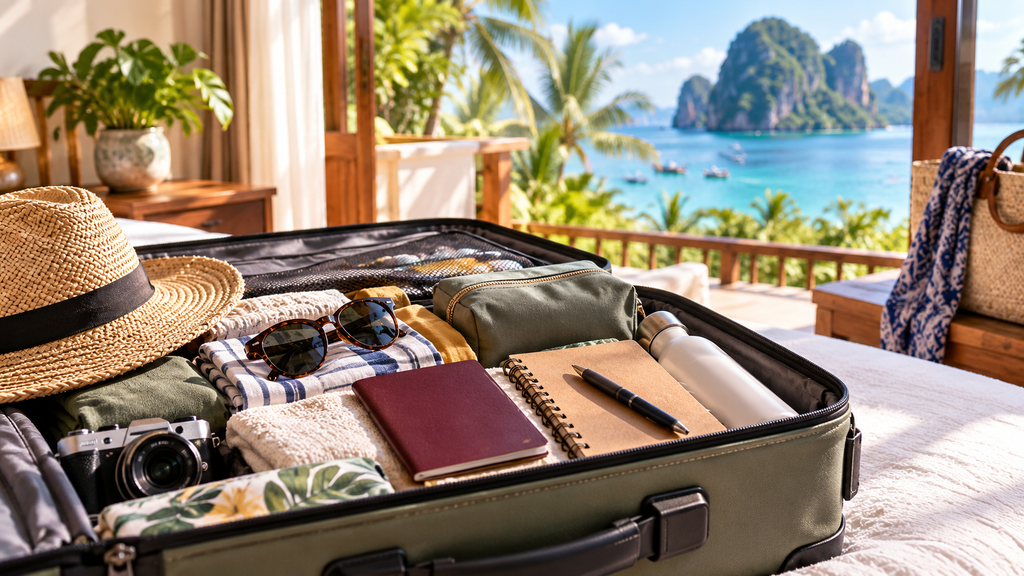 Koffer, Smartphone und Reiseunterlagen für die Vorbereitung einer Thailand-Reise