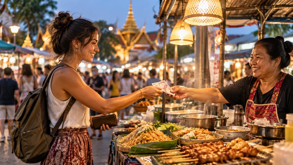 Reisende bezahlt an einem thailändischen Nachtmarkt mit Baht für Streetfood