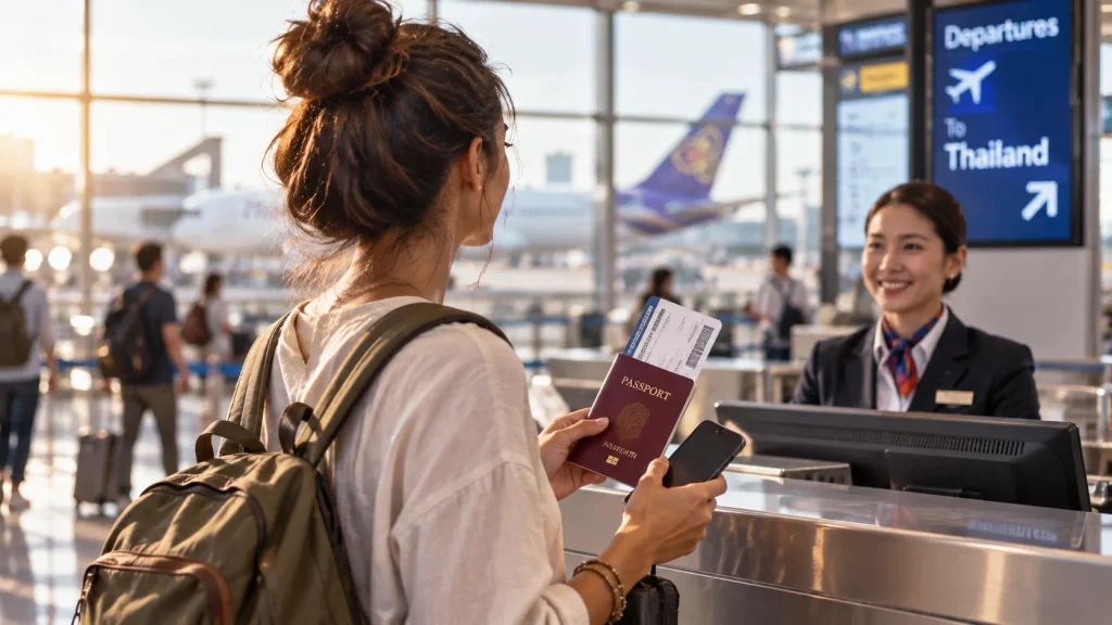 Reisende bereitet am Flughafen ihre Unterlagen für den Abflug nach Thailand vor
