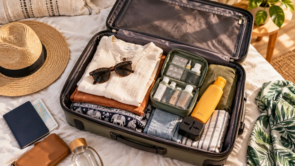 Geöffneter Koffer mit leichter Kleidung und Reiseutensilien für eine Thailand-Reise