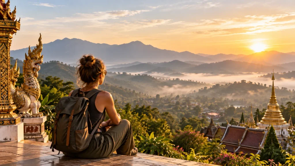 Reisende blickt bei Sonnenaufgang über die Berglandschaft und Tempel Nordthailands