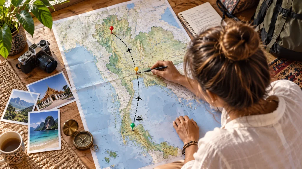 Reisende plant eine einfache Thailand-Route mit wenigen Stationen auf einer Landkarte