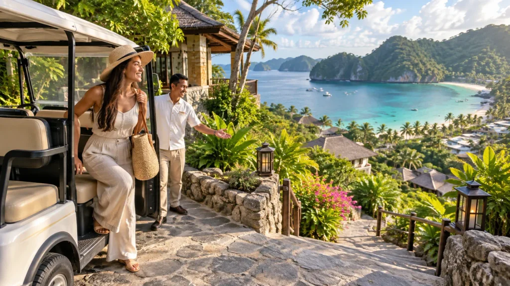 Reisende kommt mit einem Transferfahrzeug an einem abgelegenen Resort in Thailand an