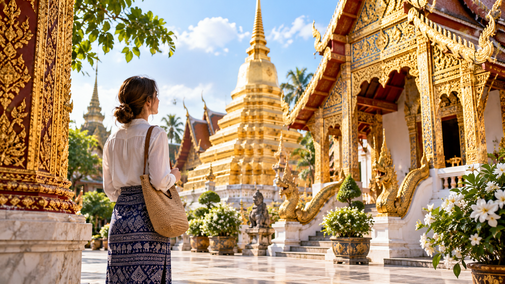 Respektvoll gekleidete Reisende vor einem buddhistischen Tempel in Thailand