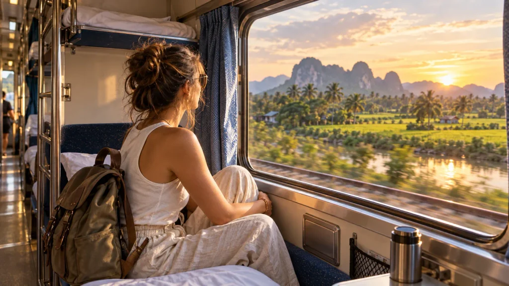 Reisende blickt während einer Zugfahrt durch Thailand aus dem Fenster eines Schlafwagens