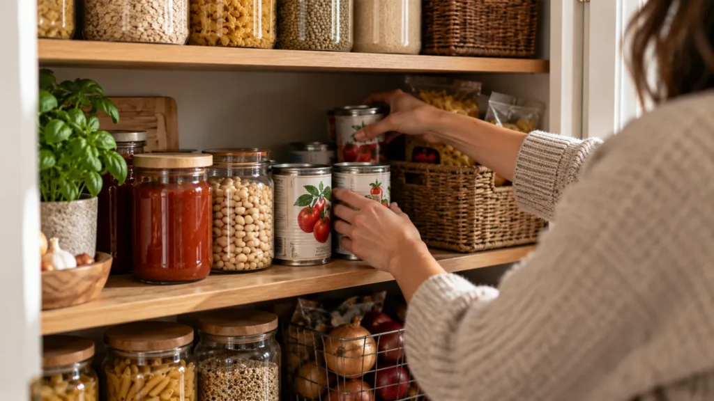Person räumt Dosen und Gläser im Vorratsschrank um, damit ältere Produkte zuerst verwendet werden