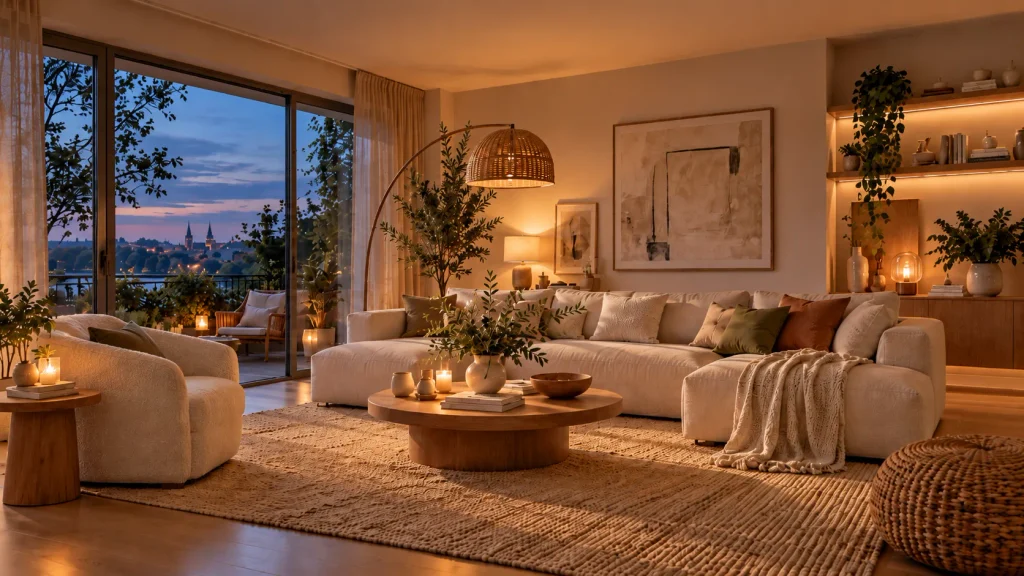 Modernes Wohnzimmer am Abend mit Stehleuchte, Tischleuchte, indirekter Beleuchtung und warmem Stimmungslicht