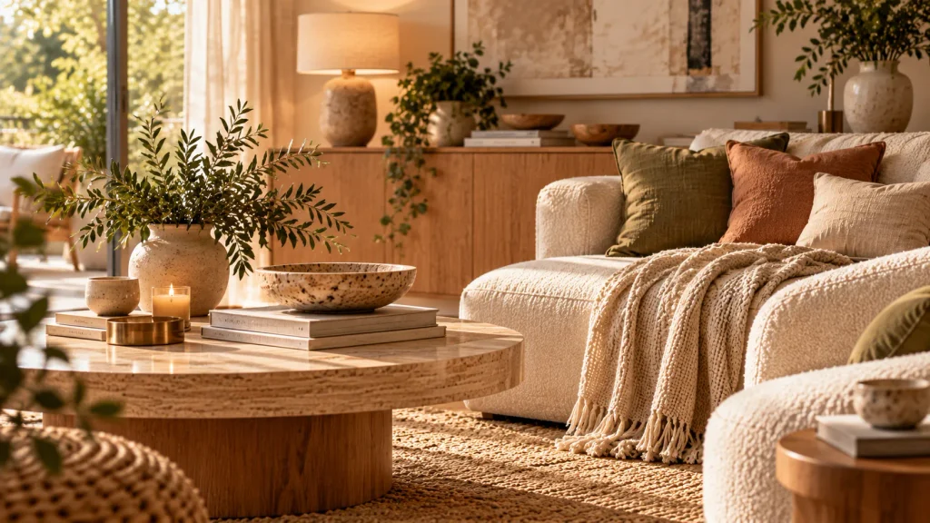 Wohnzimmerdetails mit Leinen, Bouclé, Holz, Keramik und warmen Naturtönen