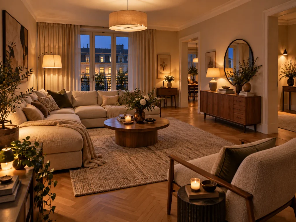 Wohnzimmer mit verschiedenen Lichtzonen für Sofa, Leseecke und Sideboard