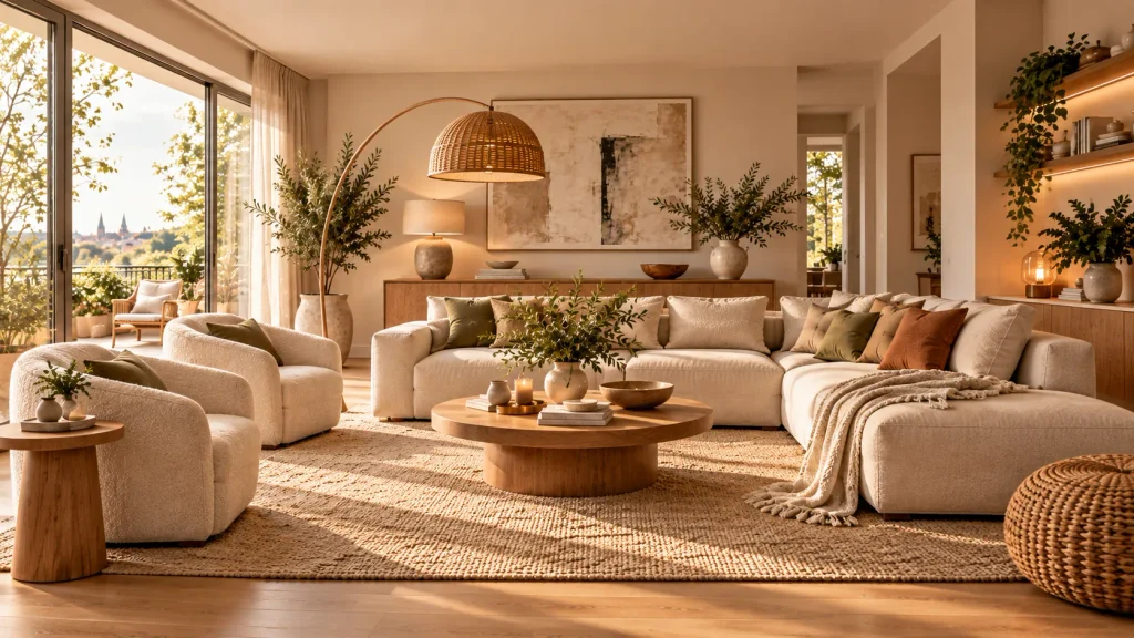 Modernes Wohnzimmer mit ausgewogen angeordnetem Sofa, Sesseln, Couchtisch und großem Teppich