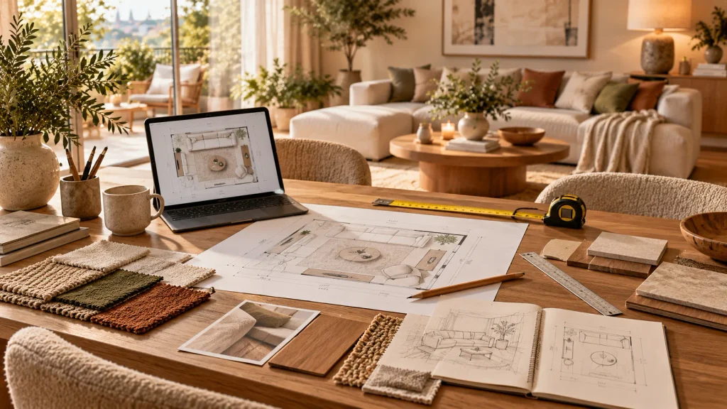 Wohnzimmerplanung mit Grundriss, Maßband, Materialmustern und Laptop auf einem Holztisch