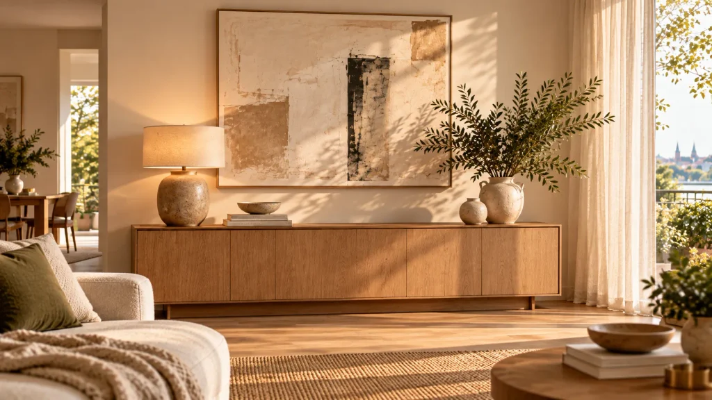 Modernes Wohnzimmer mit geschlossenem Holz-Sideboard, großer Wandkunst, Tischleuchte und wenigen ausgewählten Dekoelementen