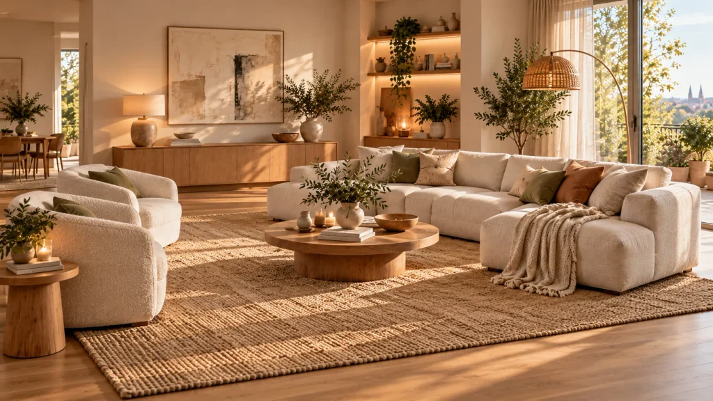 Großer Wohnzimmerteppich unter Sofa, Sesseln und Couchtisch, der die gesamte Sitzgruppe optisch verbindet