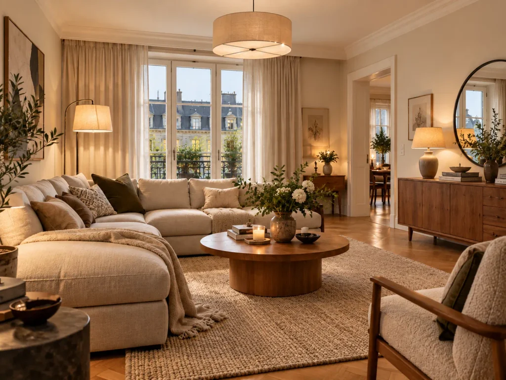 Gemütliches Wohnzimmer mit warmweißem Licht und natürlich wirkenden Farben von Holz, Textilien und Wänden
