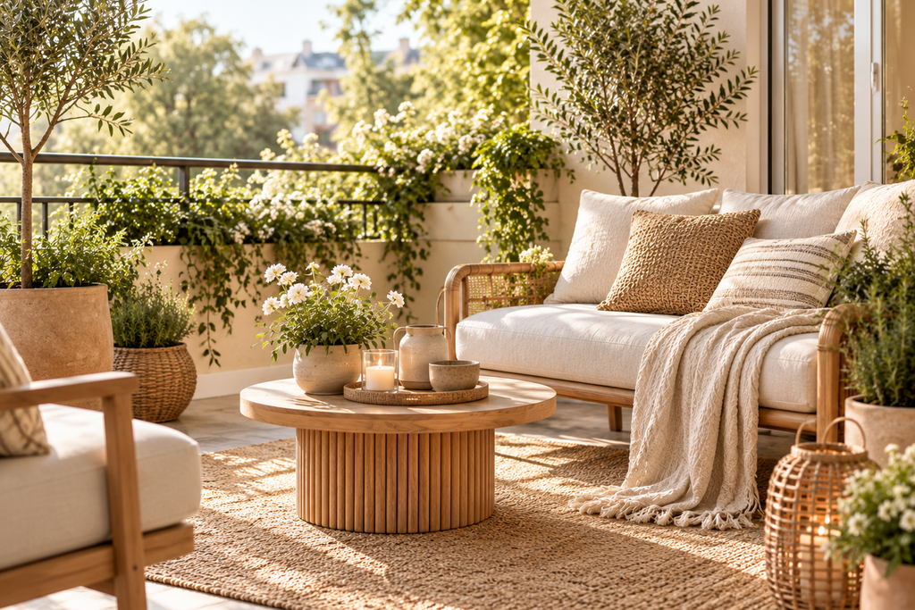 Heller, gemütlich gestalteter Balkon mit Sitzbereich, Pflanzen und Naturmaterialien