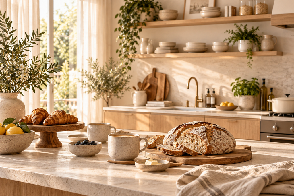 Helle Küche in warmen Naturtönen mit Brot, Kaffee und gemütlicher Frühstücksszene