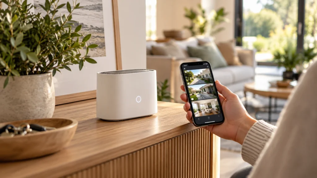 Basisstation und Smartphone als Beispiel für die zentrale Verwaltung und lokale Speicherung von Kameravideos