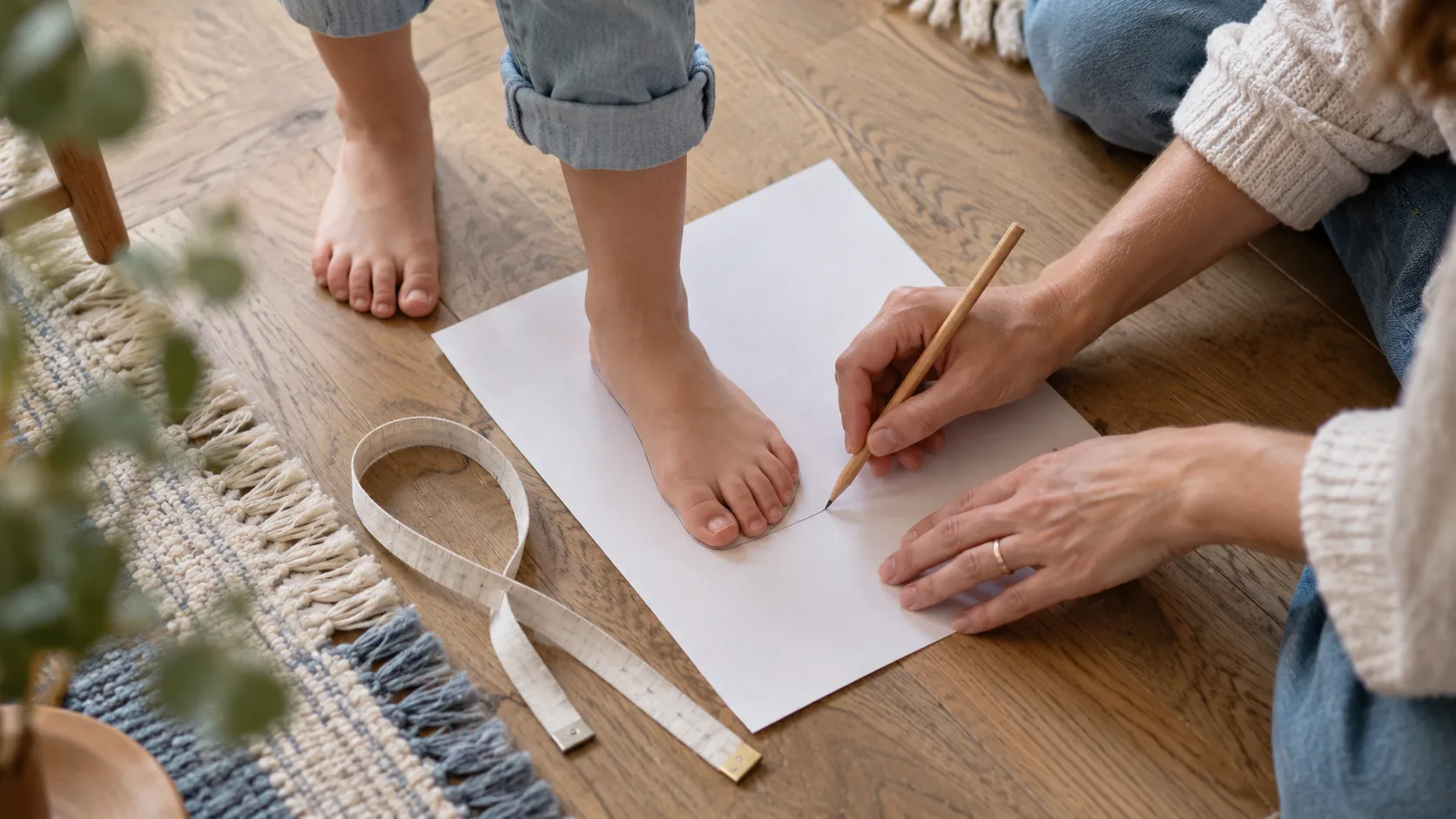 Erwachsene Hand zeichnet den Umriss eines auf Papier stehenden Kinderfußes nach