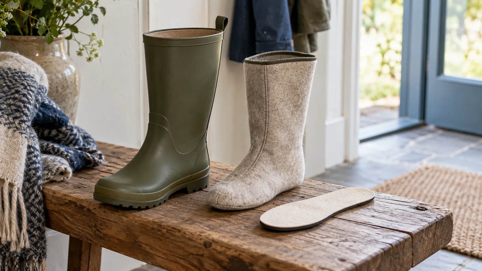 Olivgrüner Gummistiefel neben einem herausgenommenen Filzinnenschuh und einer Einlegesohle