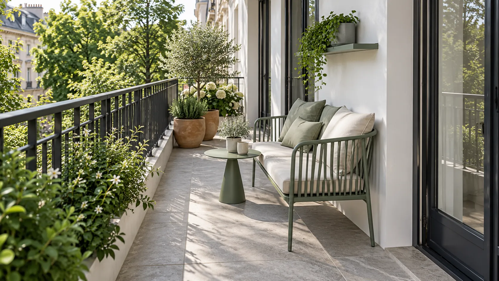 Schmaler Balkon mit grüner Bank, kleinem Beistelltisch und Pflanzkübeln entlang eines freien Durchgangs.