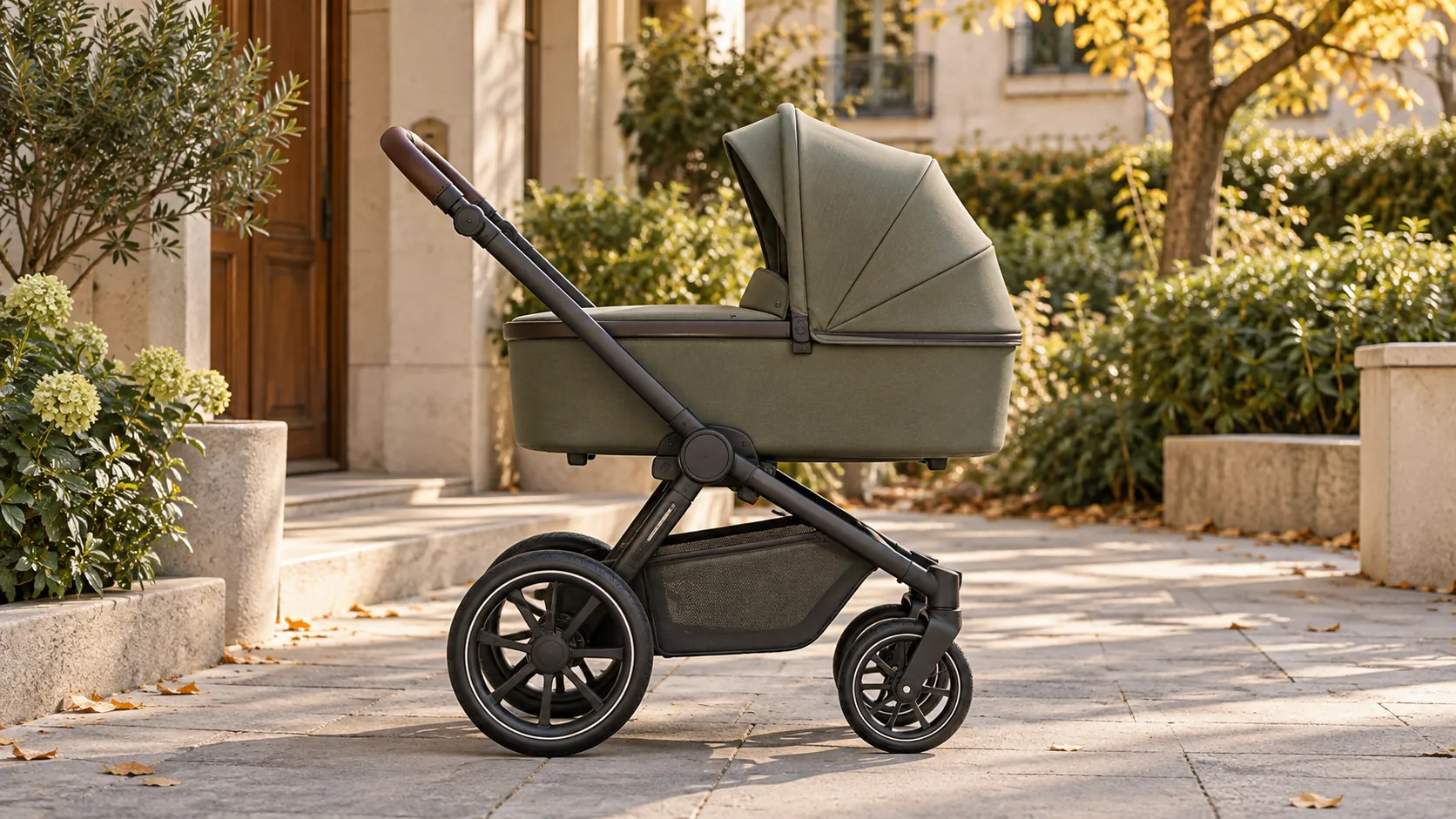 KI-Illustration: Kinderwagen mit flacher Babywanne auf einem ebenen Weg im Wohnviertel