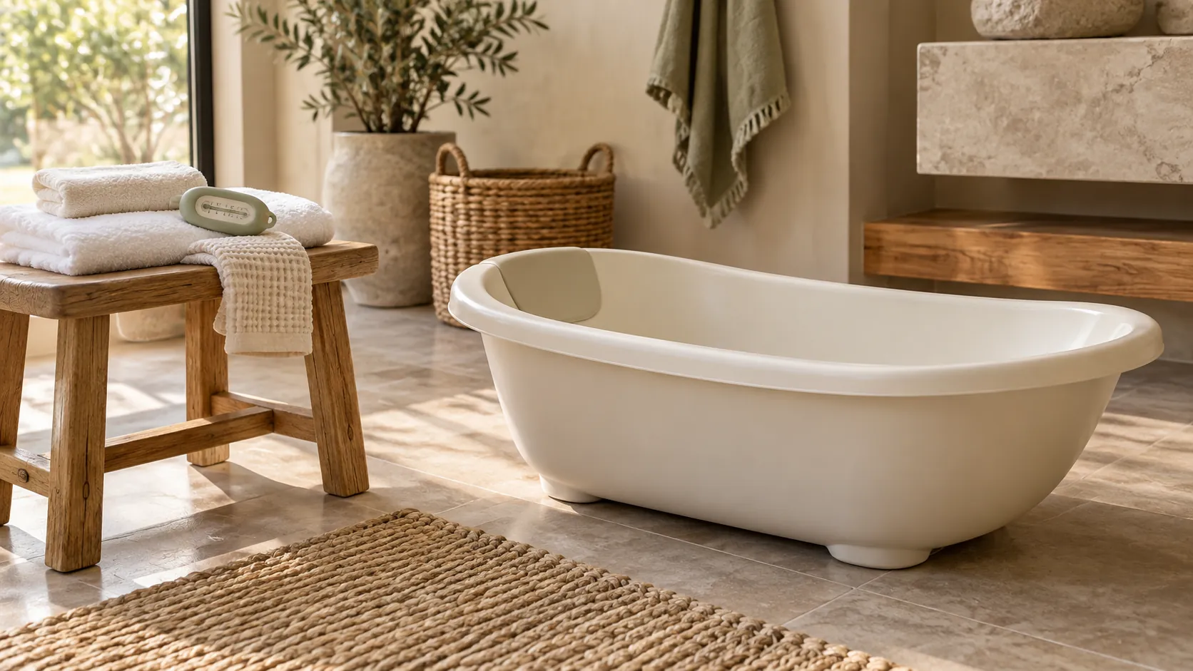 KI-Illustration: Leere Babybadewanne auf dem Boden mit Handtüchern und Badethermometer