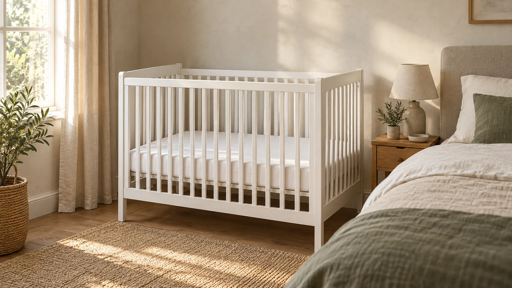 KI-Illustration: Leeres weißes Babybett mit straffem Spannbettlaken neben dem Elternbett