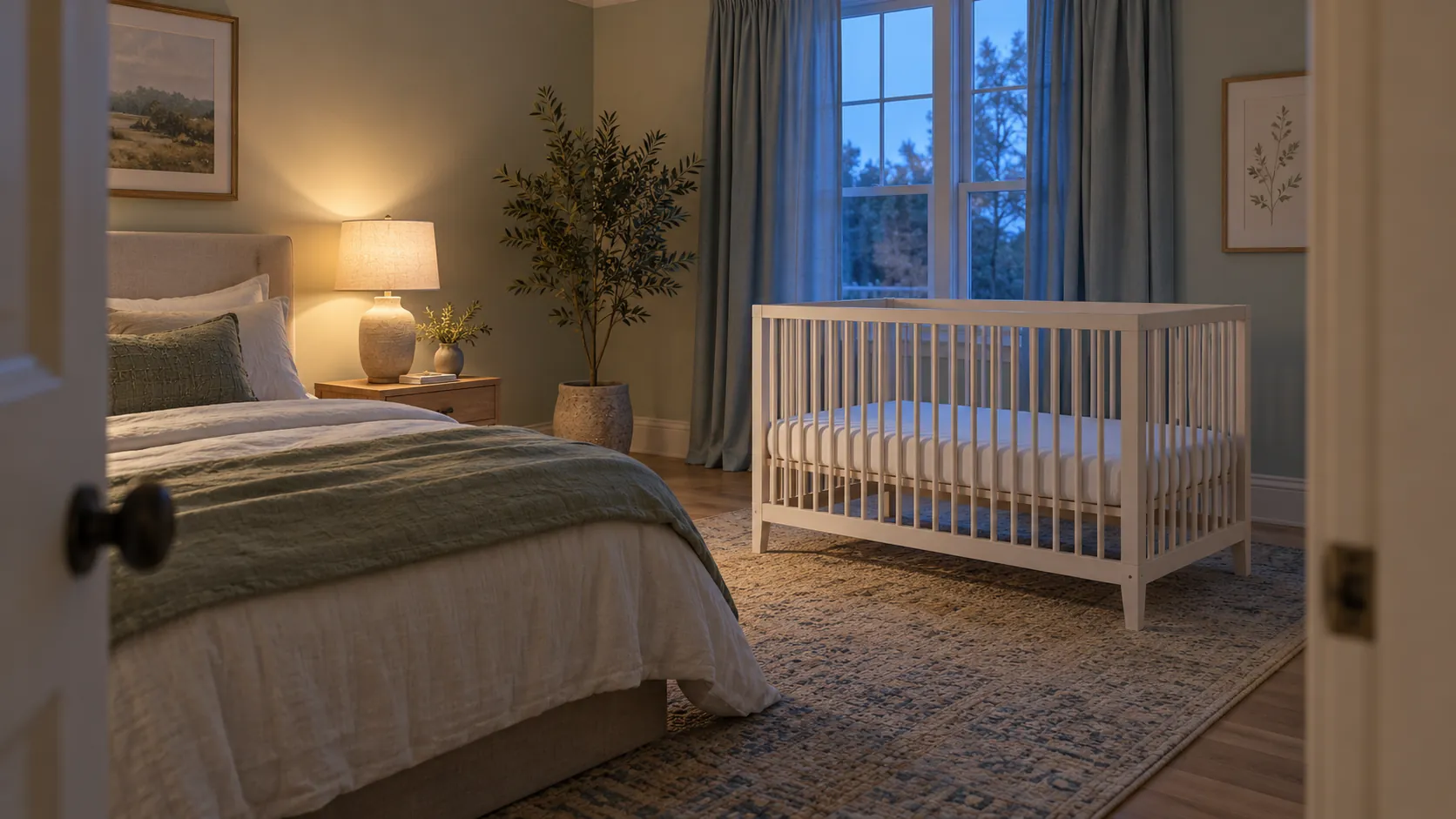 KI-Illustration: Leeres Babybett mit fester Matratze und Spannbettlaken im Elternschlafzimmer