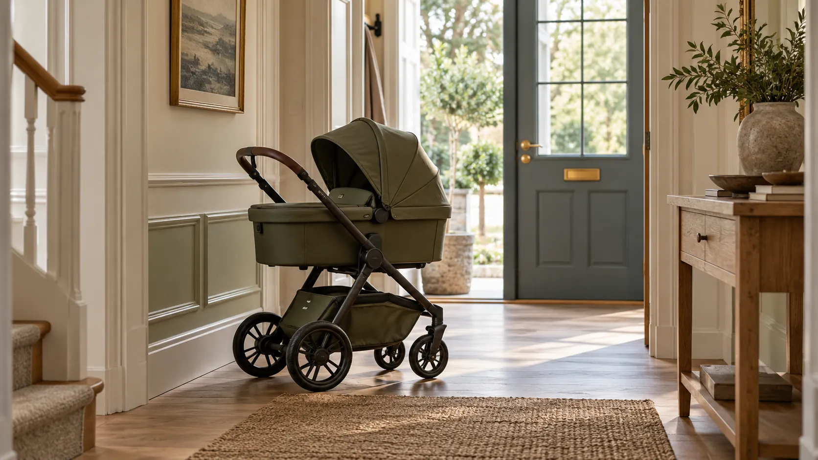 KI-Illustration: Kinderwagen mit Babywanne im ebenerdigen Hausflur